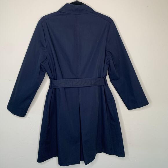 Navy Blue Vintage 70s 80s Trench Coat Horn Button Style Belted Classic Medium - Picture 6 of 15